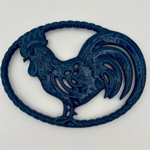 Vintage Made in France blue rooster oval trivet